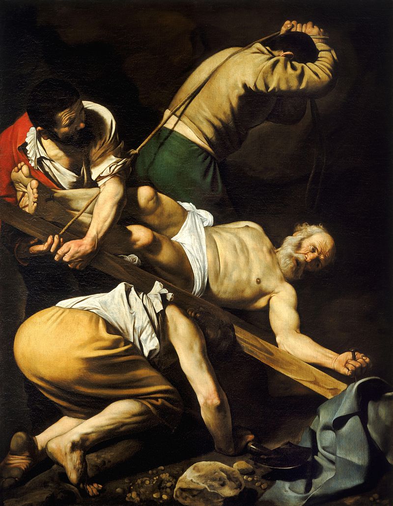 Caravaggio's Crucifixion of Saint Peter, c. 1600, depicting the apostle being raised on an inverted cross