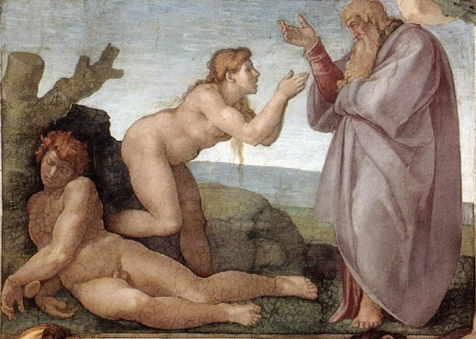 Michelangelo's Creation of Eve from the Sistine Chapel ceiling, depicting God creating Eve from the side of the sleeping Adam