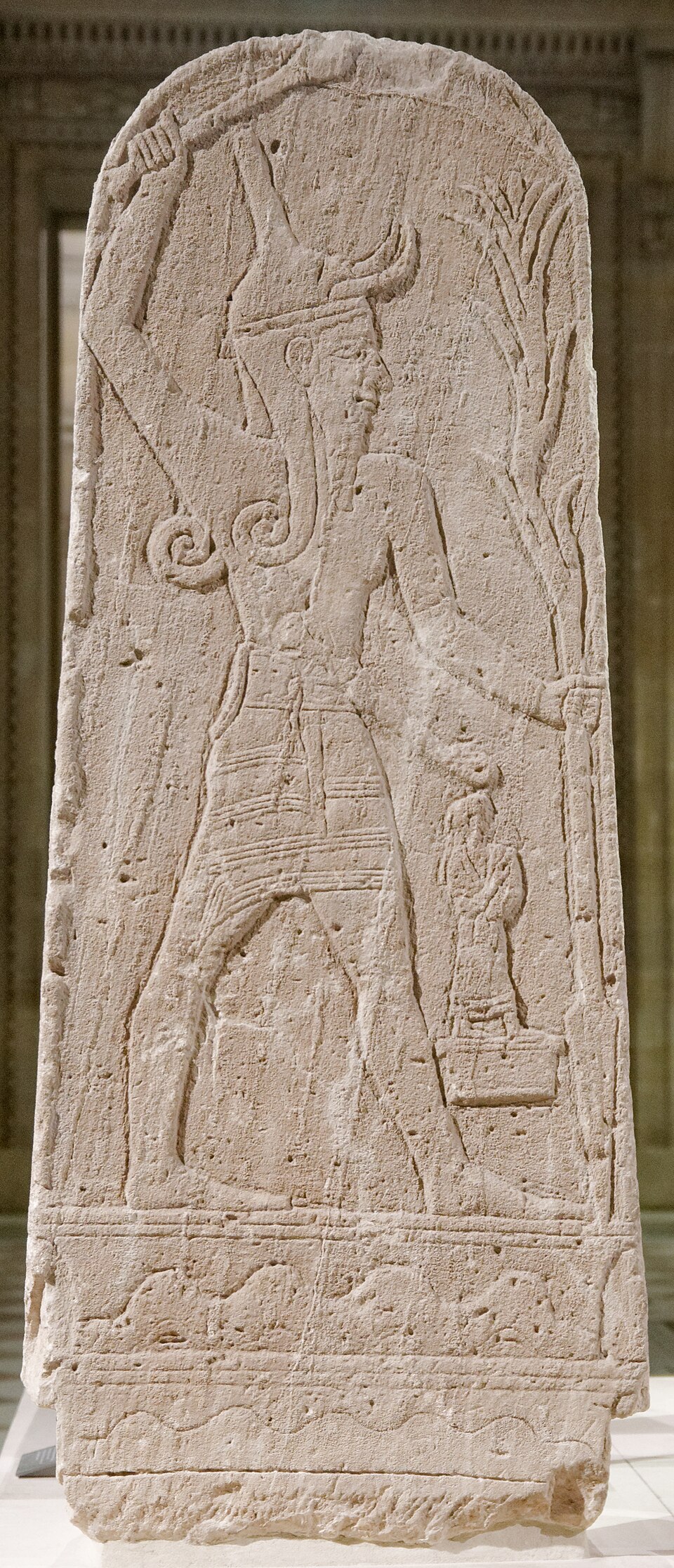 Stele of Baal with thunderbolt, limestone relief from Ugarit (modern Ras Shamra, Syria), c. 15th–13th century BCE, housed in the Louvre