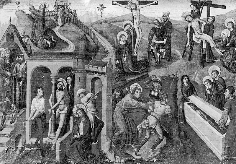 Netherlandish altarpiece panel depicting scenes from the Passion of Christ, including the trial before Pilate, the flagellation, and the crucifixion