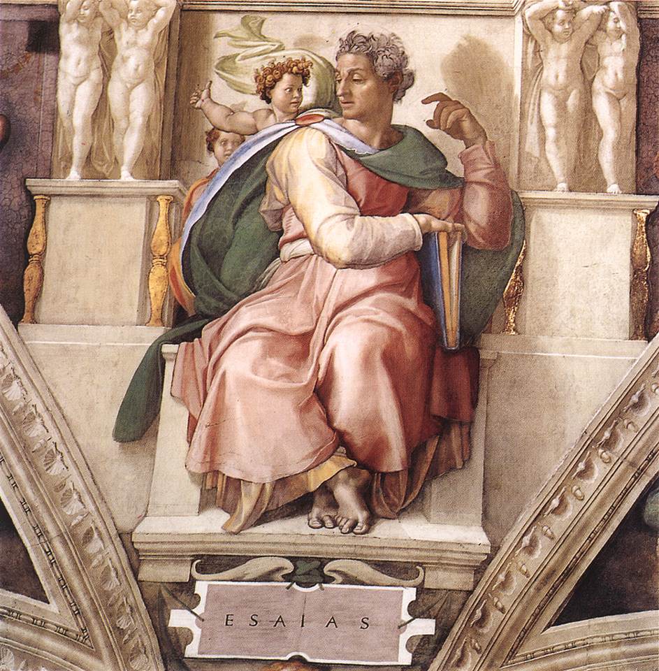 Michelangelo's painting of the Prophet Isaiah on the Sistine Chapel ceiling, depicting Isaiah as a thoughtful figure holding a book