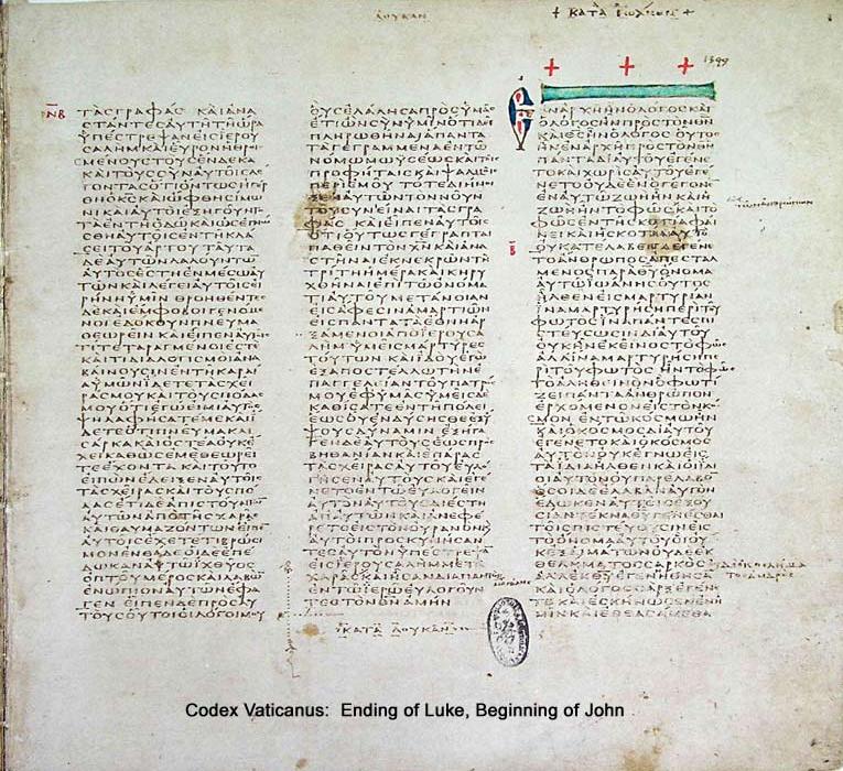 Page from Codex Vaticanus showing the end of the Gospel of Luke in Greek uncial script