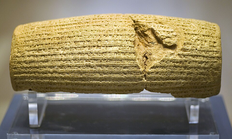 The Cyrus Cylinder, a clay cylinder inscribed in Akkadian cuneiform, from Babylon, c. 539 BCE, housed in the British Museum